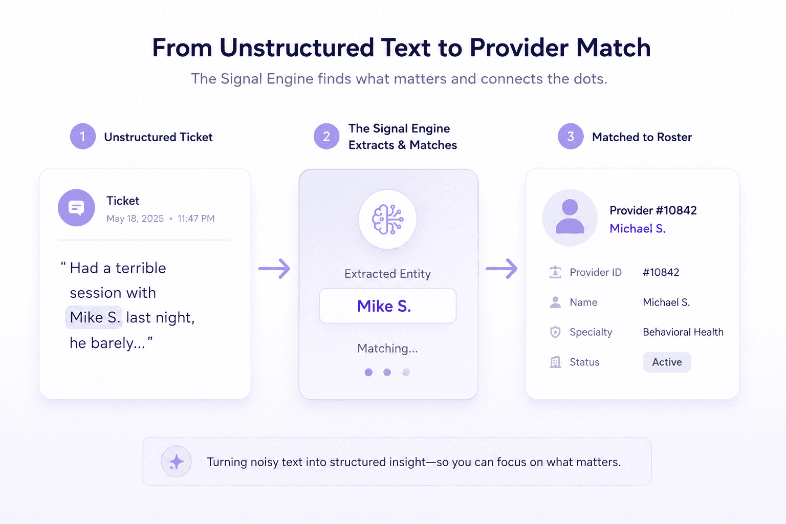 Pipeline diagram: unstructured ticket text to extracted entity to a matched provider roster record